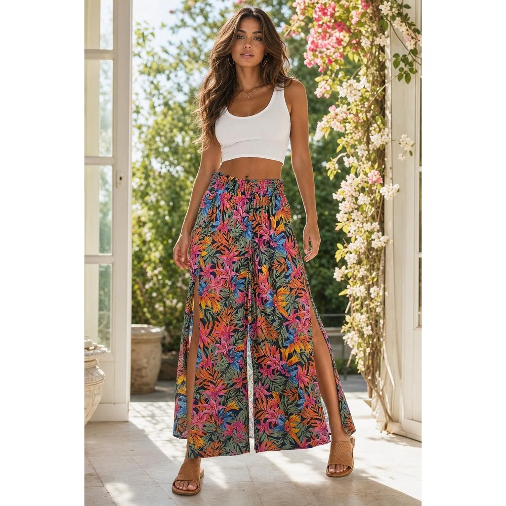 Shade & Shore Wide Leg Pants Women's L Tropical Floral Beach Cover Up Resort